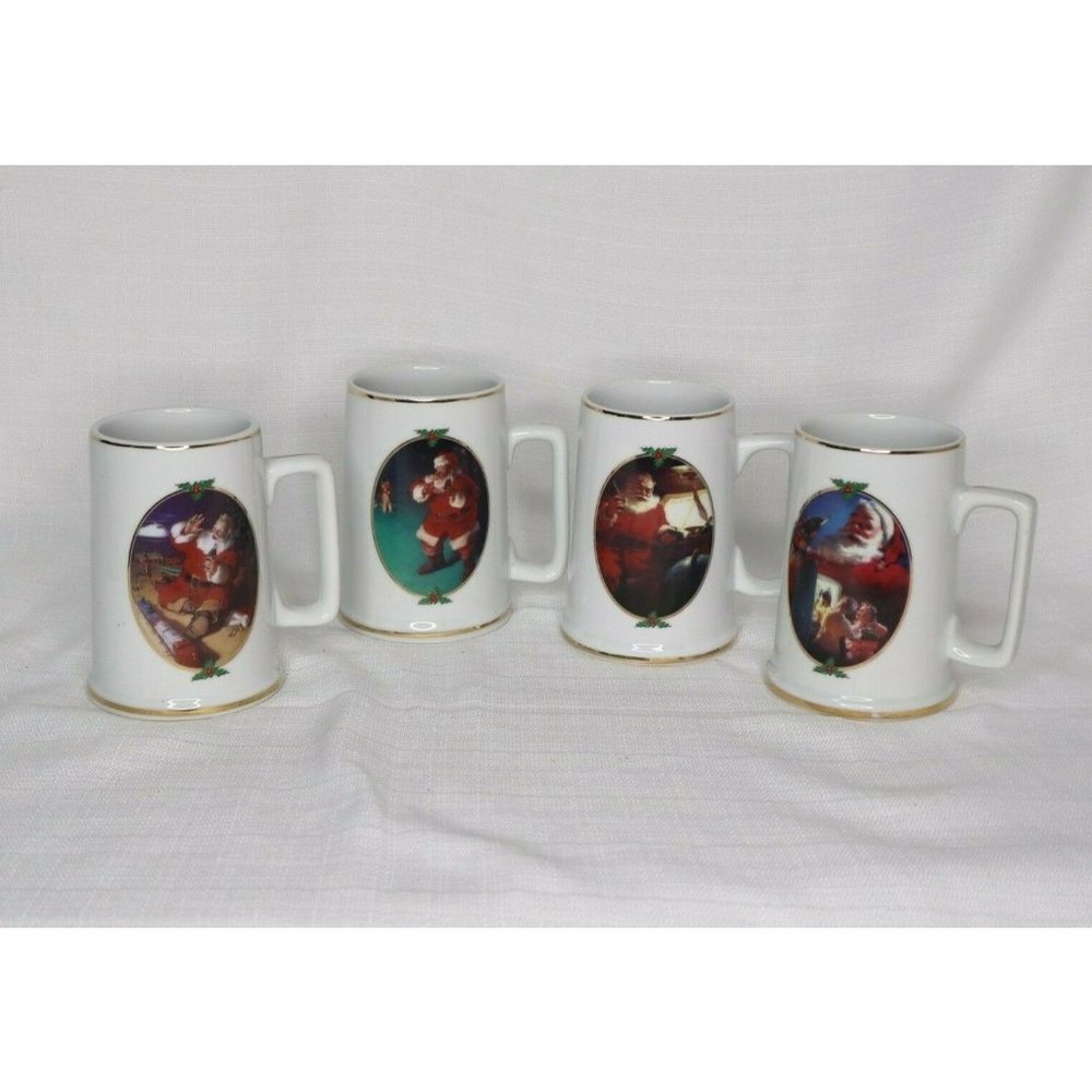 Coca-Cola Santa Clause 1996 Collector Edition Christmas Mugs Gold Set of 4 vtg